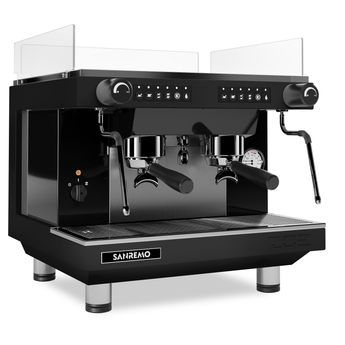 Black Sanremo Zoe compact 2 group coffee machine for sale at Artisti Coffee Roasters in Coffs Harbour NSW Australia.