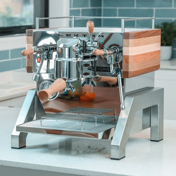 Photo of an Elektra Verve duel boiler coffee machine sitting on a kitchen benchtop. 